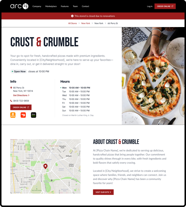 Example Mock-up of a pizza restaurant web page, using industry leading features.