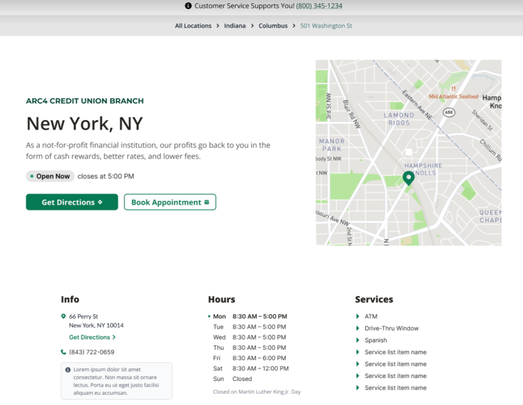 Screenshot of a Arc4 credit union location page built by Arc4 using Yext Starter, showing branch details, hours, services, and directions for a New York, NY location.