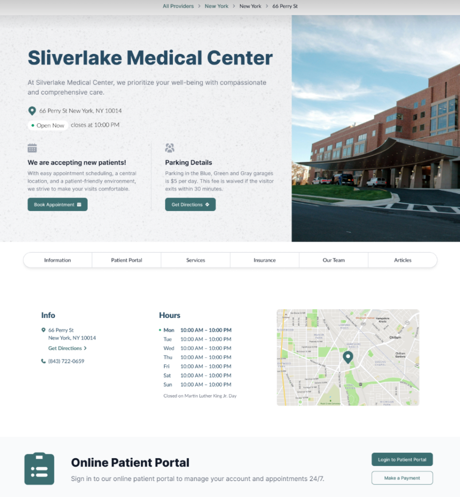 Screenshot of a fictional clinic location page built by Arc4 using Yext Starter, showing clinic details, hours, services, and directions for a New York, NY location.