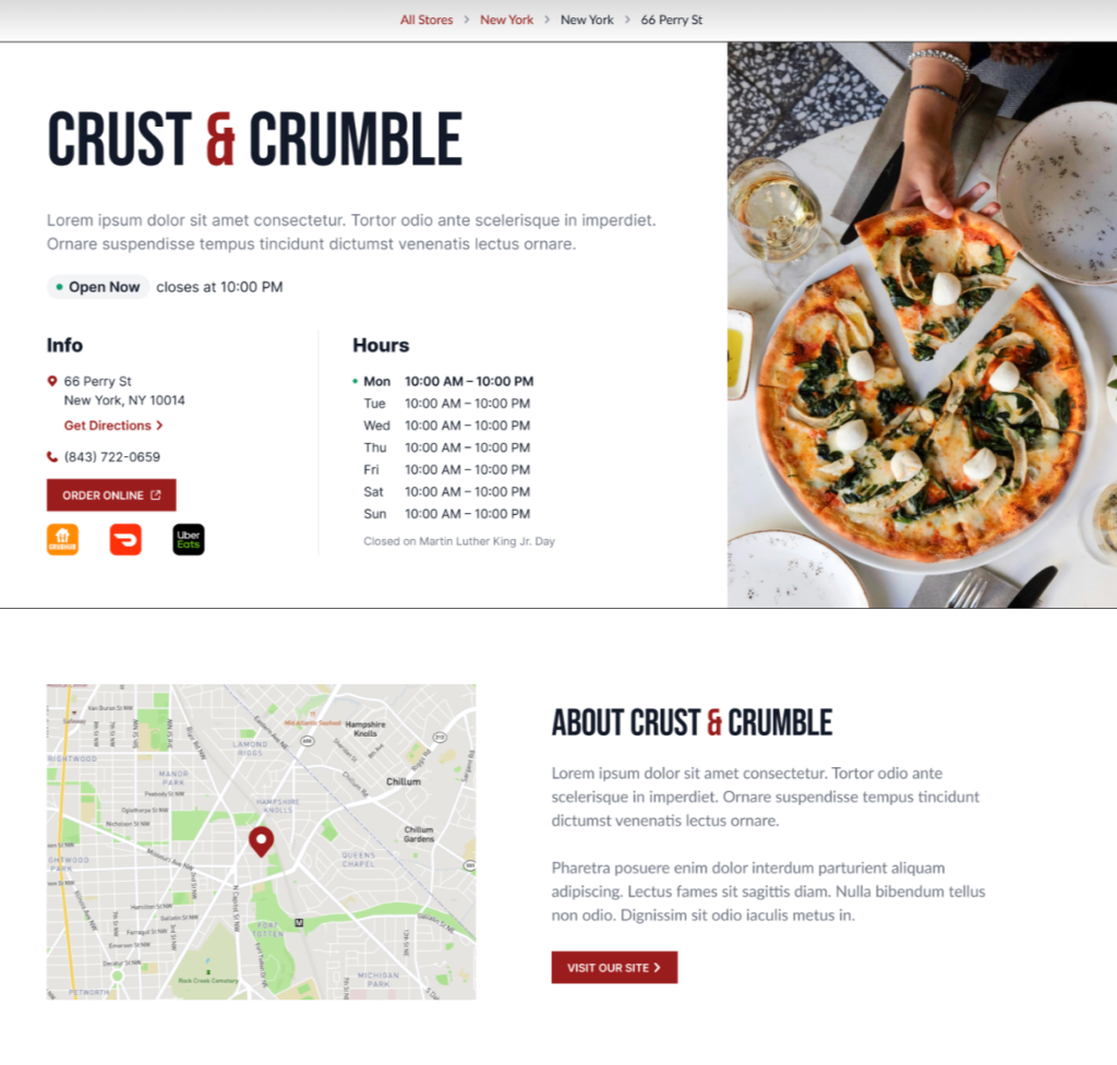 Screenshot of a Arc4's pizza restaurant location page built by Arc4, showing restaurant details, hours, services, and directions for a New York, NY location.