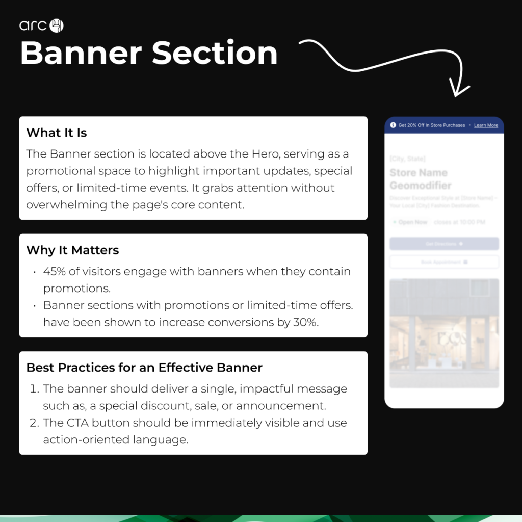Example of a Conversion-Driven Banner Section on a Yext Location Page Example of a location page banner highlighting an in-store promotion.