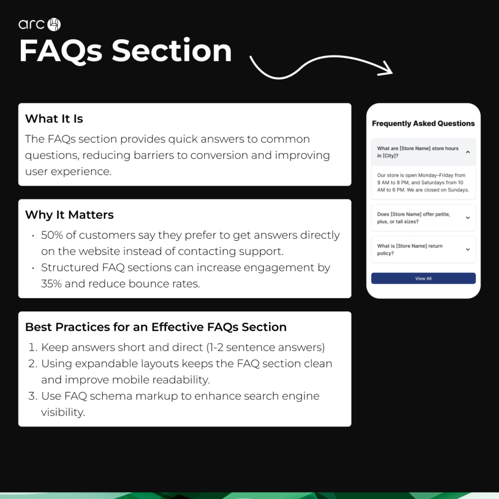 SEO-Enhanced FAQs Section Example on a Yext Location Page Example of a Yext-powered FAQ section with expandable questions and answers.