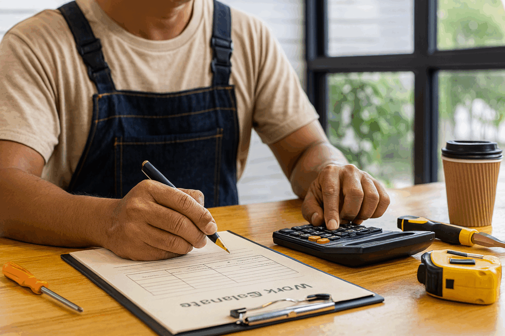 Arc4 Home Services Local SEO Home service professional calculating a job estimate at a wooden desk with tools and calculator.