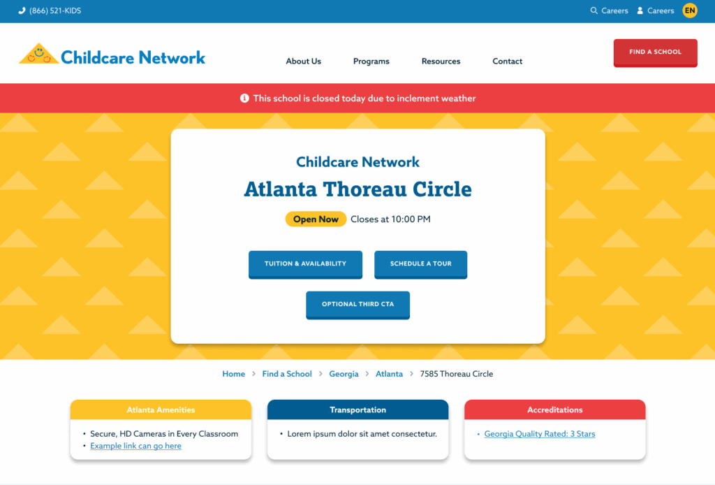 Screenshot of Childcare Network’s Atlanta Thoreau Circle school webpage with a closure notice for inclement weather, operating hours, call-to-action buttons, and details on amenities, transportation, and accreditations.
