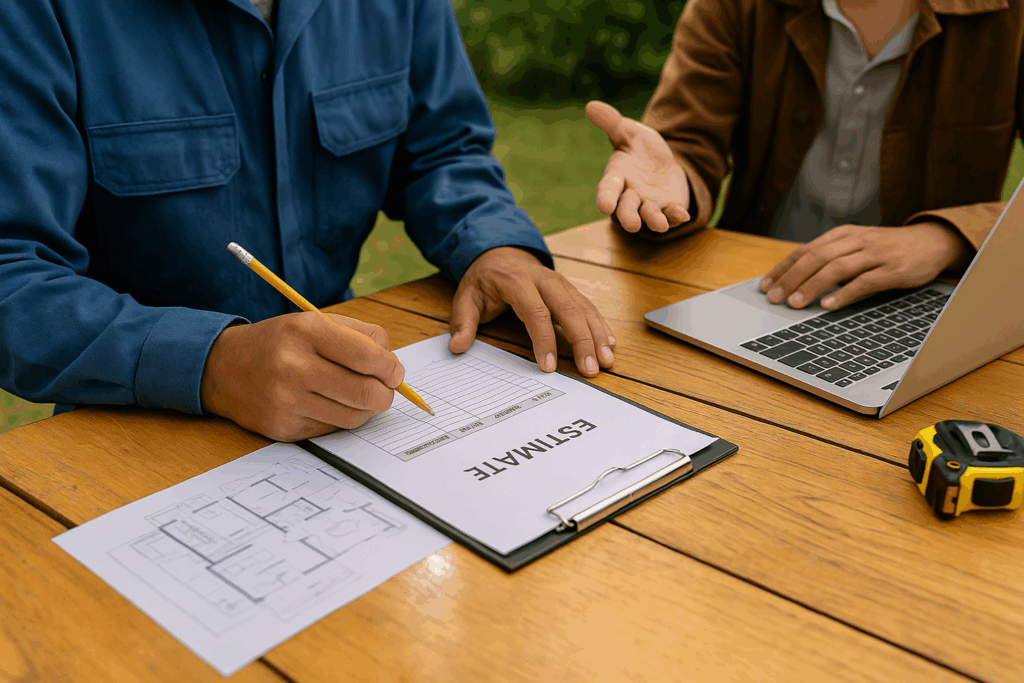 Home service professional calculating a job estimate at a wooden desk with tools and calculator