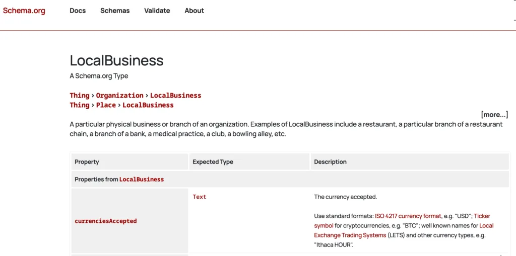 Screenshot of Schema.org’s LocalBusiness structured data example in JSON-LD format, showing how local business details like name, address, and hours are defined for search engines.