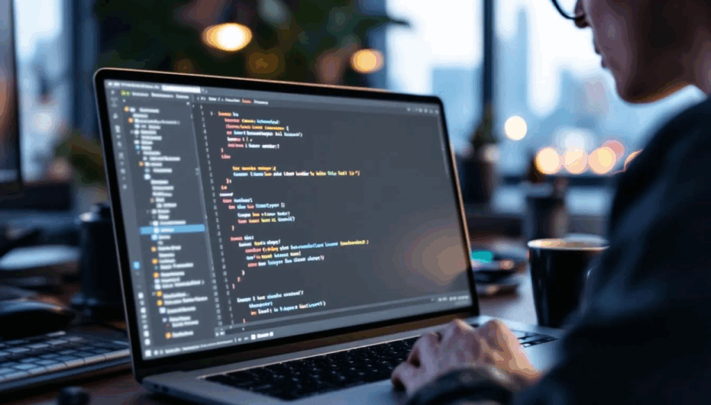 Developer implementing technical SEO for local landing pages on a laptop.