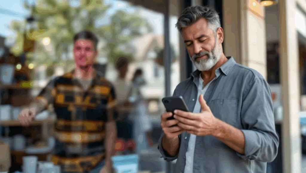 Man checking local business results on his phone, example of local search behavior