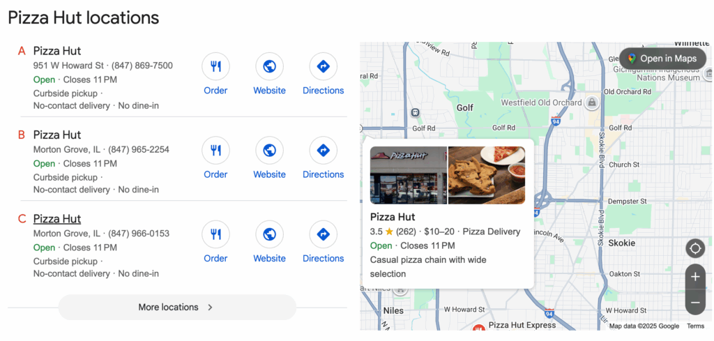 Google map pack showing multiple Pizza Hut locations ranking for a “pizza near me” search.