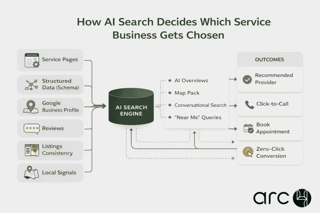 Diagram showing how AI search uses structured data, reviews, listings, and service pages to recommend local service businesses in zero-click results.