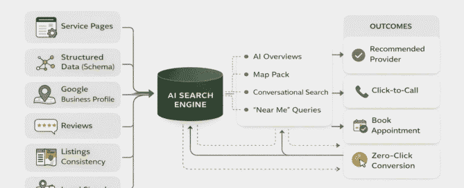 Diagram showing how AI search uses structured data, reviews, listings, and service pages to recommend local service businesses in zero-click results.