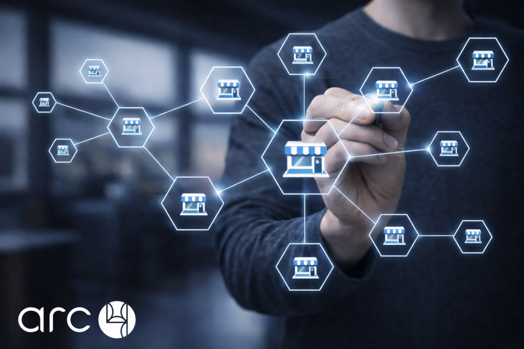 Scalable franchise marketing strategy architecture connecting multiple franchise locations.